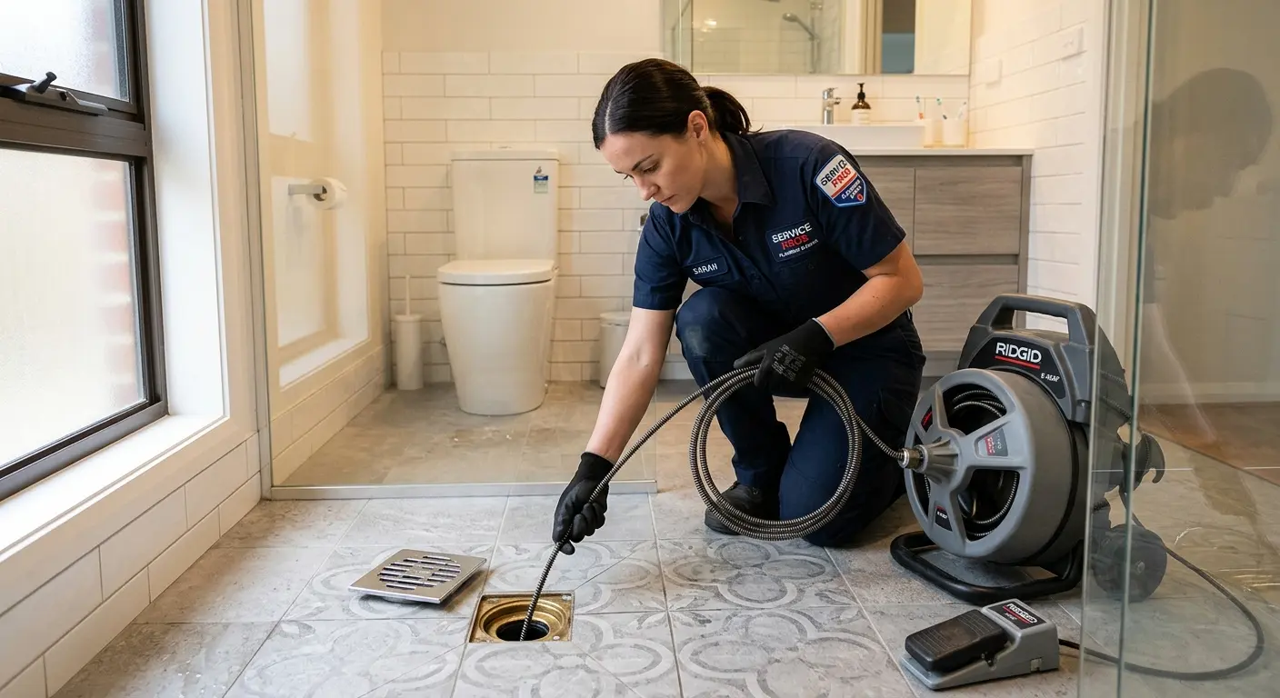 Technician clearing a bathroom floor drain for Drain Cleaning in Brownsville